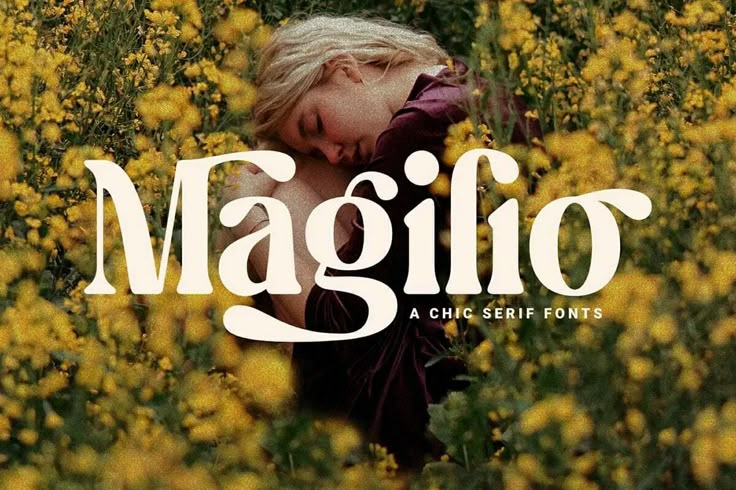 a woman in a field of yellow flowers with the words maglio above her head