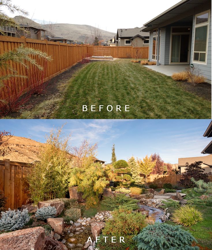 before and after pictures of a backyard landscaping project in the fall or early winter,