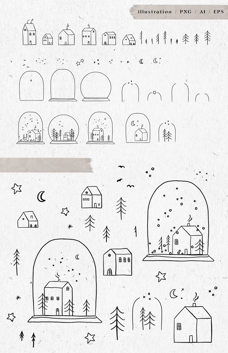 various hand drawn doodles with houses, trees and snow globes in the background