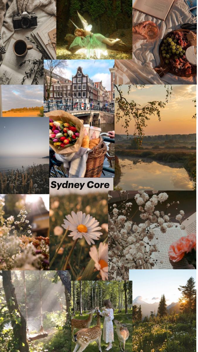 a collage of photos with flowers, trees and buildings in the background that says sydney core