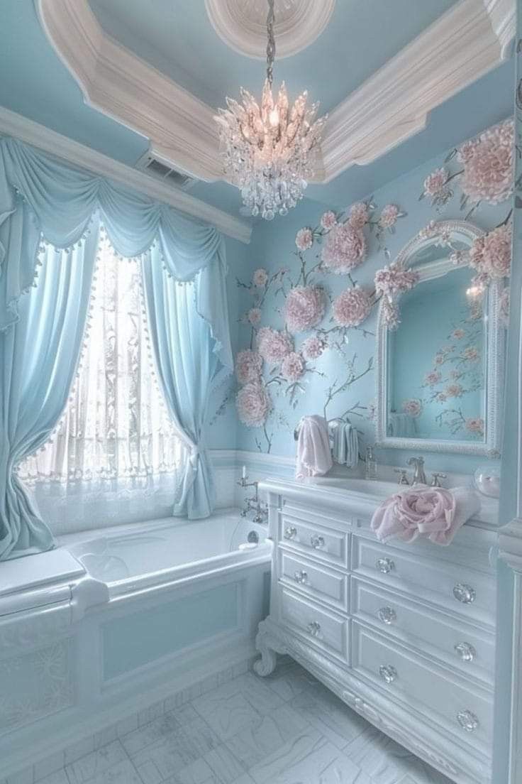 a bathroom decorated in blue and white with pink flowers on the wall next to the tub