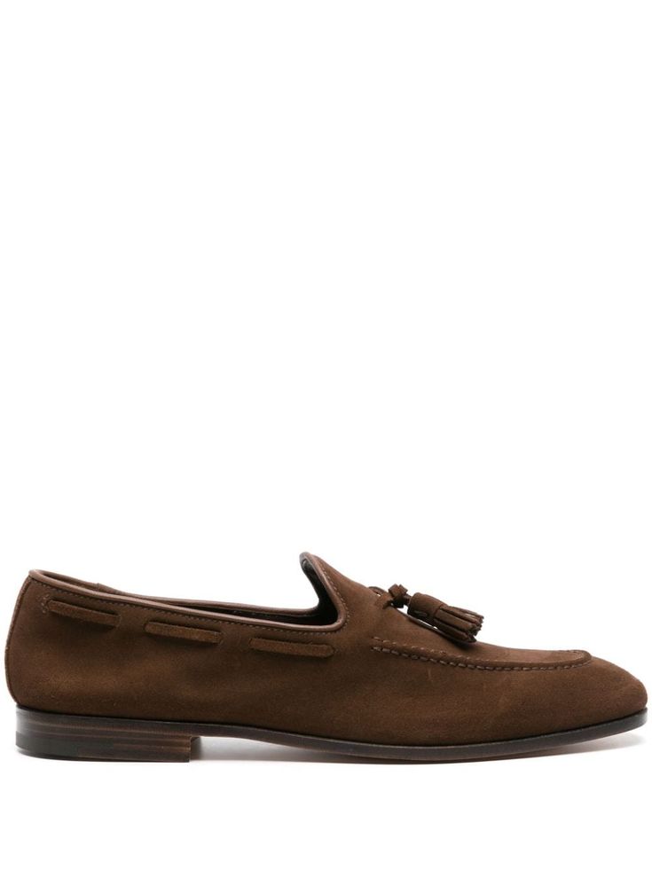 Burnt brown calf suede tassel detail skip lacing slip-on style round toe leather lining branded insole flat sole This piece comes complete with a protective dust bag. Suede Tassel, Suede Loafers, Dolce & Gabbana, Giorgio Armani, Loafer Shoes, Valentino Garavani, Calf Leather, Penny, Clogs