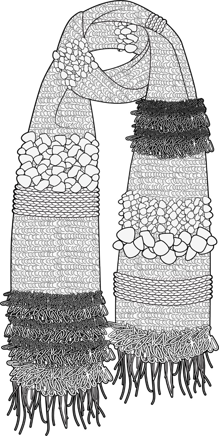 a black and white drawing of two scarfs with beads on them, one is folded over the other