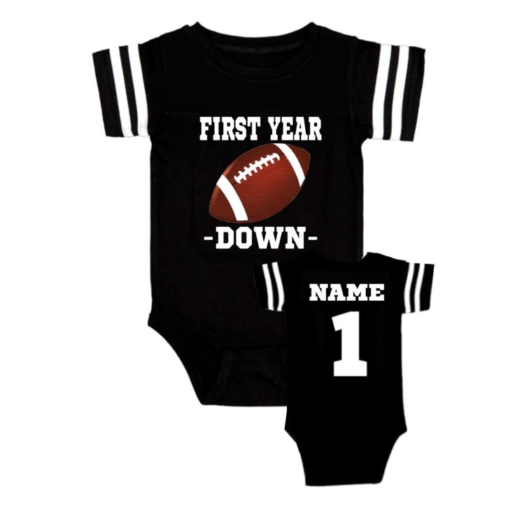 a baby bodysuit that says first year down with a football on the front and number 1 on the back