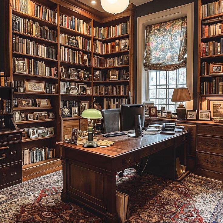 a home office with lots of bookshelves and desk