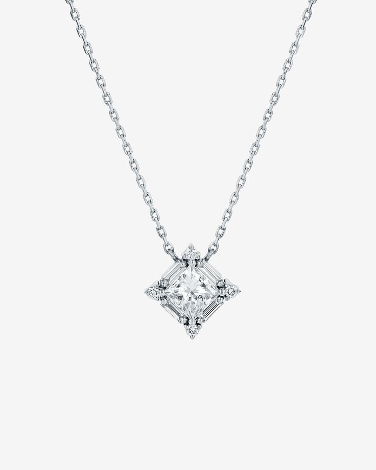 Suzanne Kalan Princess Midi Diamond Pendant in 18k white gold Luxury Diamond White Necklace With Baguette Diamonds, Luxury Baguette Cut Solitaire Necklace, Elegant Diamond Solitaire Necklace With Square Pendant, Timeless Diamond Necklace With Square Pendant, Elegant Princess Cut Diamond Necklace, Elegant Rose Cut Square Diamonds Jewelry, Luxury Asscher Cut Diamond Necklace, Timeless Diamond White Square Pendant Necklace, Luxury Radiant Cut Diamond Necklace In White Gold