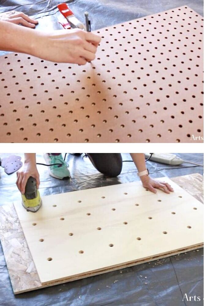 two pictures showing how to make a diy pegboard table with wood and glue