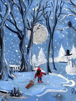 a painting of a child playing in the snow with a snowman and dog behind them