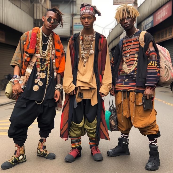 Hippy Man Style, Brazil Culture Clothes, Punk Editorial Fashion, Afro Punk Men, Afro Futurism Fashion Street Style, Campy Fashion Aesthetic, Black Culture Outfits, Afrofuturistic Architecture, Urban Explorer Outfit