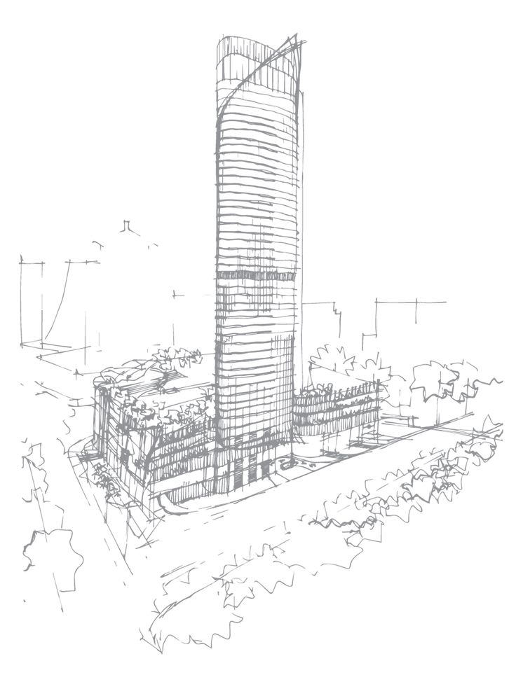 a drawing of a tall building in the middle of a city with trees and buildings around it