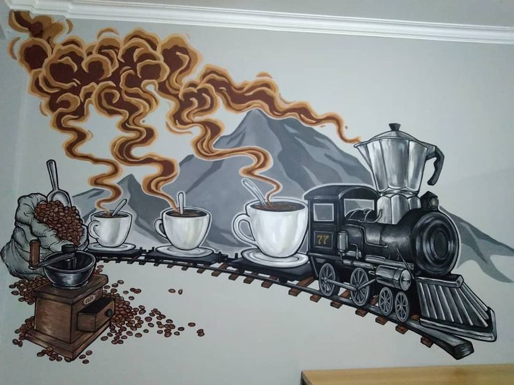 a mural on the side of a wall with coffee and espresso machines painted on it