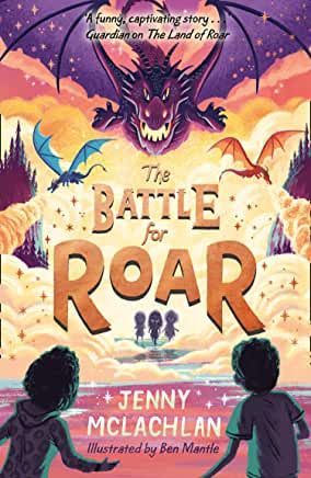 the battle for roar book cover with two children standing in front of an image of a dragon