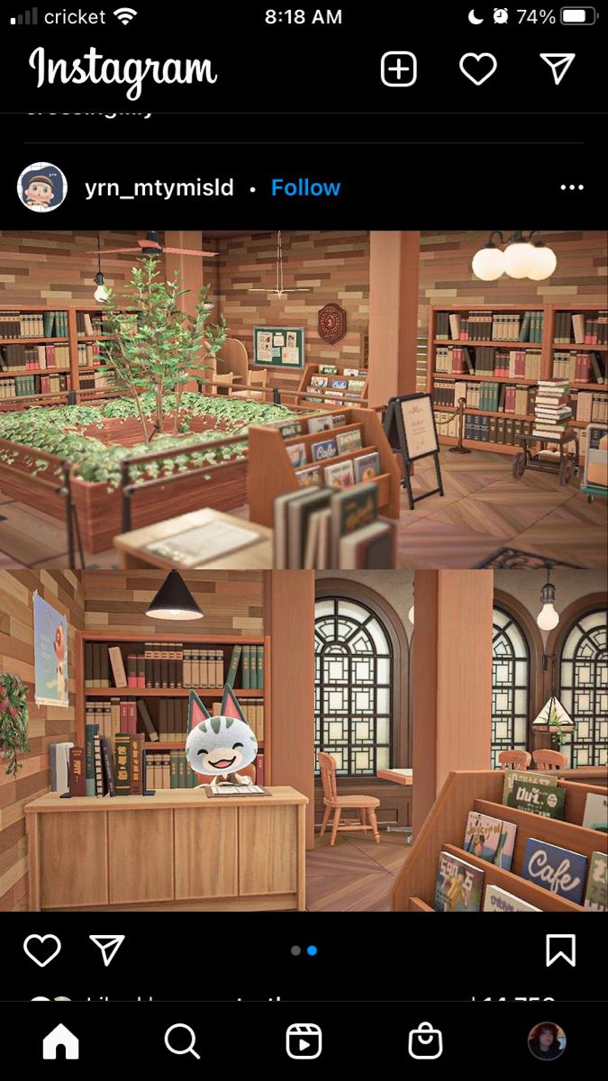 an animated image of a library with bookshelves and desks, in which there is a cat sitting on the bookcase