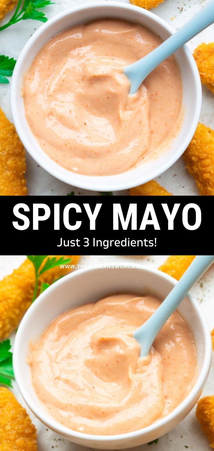 two bowls filled with dipping sauce next to corn on the cob and text spicy mayo just 3 ingredients