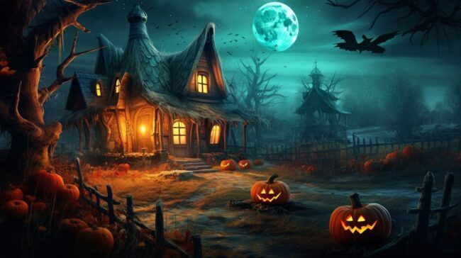 an image of a halloween scene with pumpkins