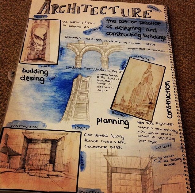 an open book with drawings and instructions on the cover that includes images of architectural structures