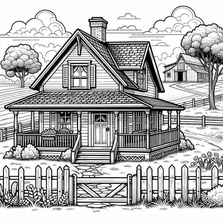 a drawing of a house in the countryside