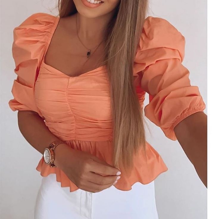 Polyester Feminine Pink Solid Color Tops, Fitted Peach Tops For Spring, Pink Solid Color Summer Top, Peach Party Tops For Spring, Zara Orange Spring Blouse, Peach Party Top For Spring, Orange Fitted Feminine Tops, Fitted Feminine Orange Tops, Zara Orange Tops For Spring