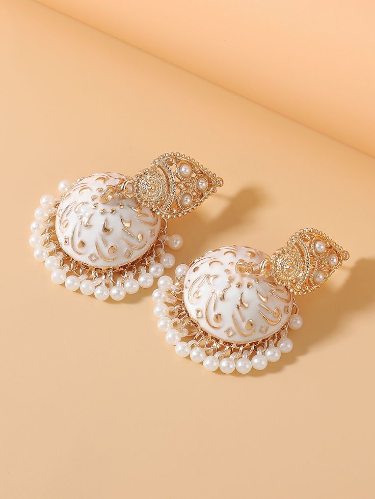 White Vacation   Zinc Alloy  Dangle Embellished   Jewelry Cheap Metal Jhumkas With Latkans, Luxury Drop Bridal Earrings For Diwali, Cheap Bridal Earrings For Wedding On Diwali, Luxury Pearl Drop Chandbalis For Celebration, Luxury Elegant White Chandbalis, Luxury Latkans Earrings For Festivals, Luxury Kundan Jhumkas With Pearl Drop, Luxury Pearl Drop Danglers For Diwali, Luxury Chandbalis For Eid Festive Season