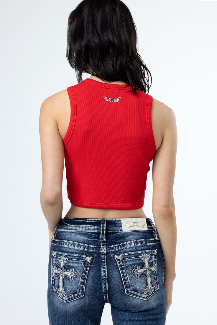 Cropped, fitted high neck tank top- Embroidered M logo on back neck- Closed back Model is wearing size: S - Black Model Measurements:Height: 5'10"Bust: 32"Waist: 24"Hips: 35" Model is wearing size: S - Lime Green & Red Model Measurements:Height: 5'9"Bust: 32"Waist: 23.5"Hips: 34.5" Model is wearing size: S - WhiteModel Measurements:Height: 5'8"Bust: 32BWaist: 25"Hips: 35" Fabric Content: Self: 92% Cotton, 8% Spandex Care: Gentle machine wash inside out with like colors in cold water.Style No. MT Red Fitted Tank Crop Top, Red Fitted Racerback Top, M Logo, Straight Clothes, High Neck Tank Top, High Neck Tank, Black Model, Crop Tank, Jean Outfits