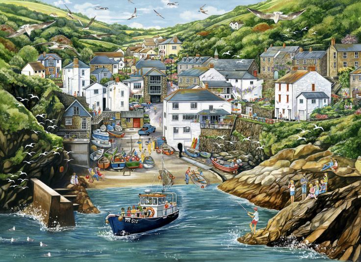 a painting of a fishing village on the coast