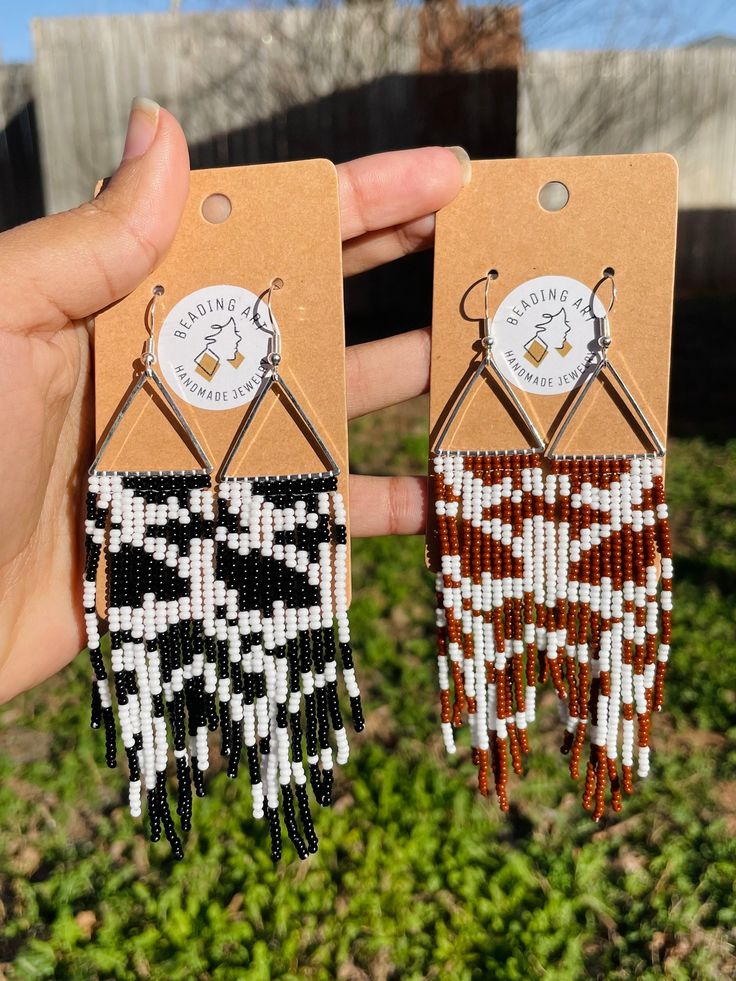 Cow print earrings Handmade Geometric Earrings For Gift, White Bohemian Geometric Earrings, White Geometric Bohemian Earrings, Bohemian White Geometric Earrings, Handmade Brown Geometric Earrings, Bohemian Geometric Beaded Earrings As Gift, Brown Geometric Earrings As Gift, Brown Geometric Earrings Gift, Geometric Beaded Earrings For Gifts