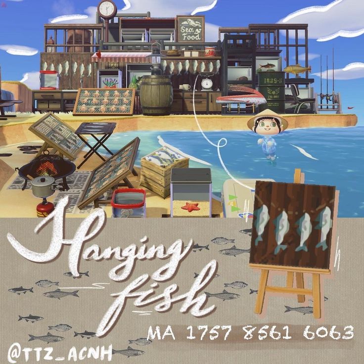 the poster for hanging fish is displayed in front of an image of a beach with various items