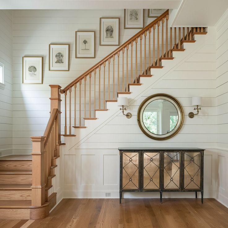 there is a mirror on the wall next to a table and stairs in this room