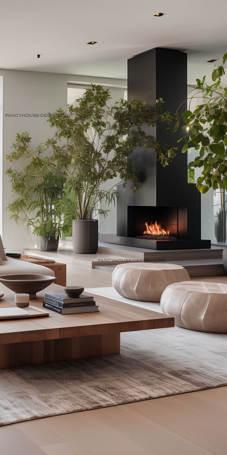 a living room with a fire place in the center and plants on the other side