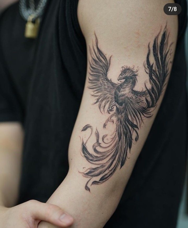 Phoenix Tattoo Men Bicep, Burning Phoenix Tattoo, Chinese Shoulder Tattoo, Freen Sarocha Tattoo, Phoenix Bird Tattoos Men, Phoenix Tattoo Men Arm, Phoenix Shoulder Tattoo, Phoenix Forearm Tattoo, Rising Phoenix Tattoo Feminine