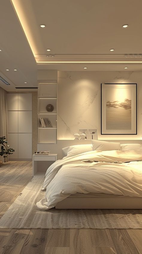 a large white bed sitting inside of a bedroom next to a painting on the wall