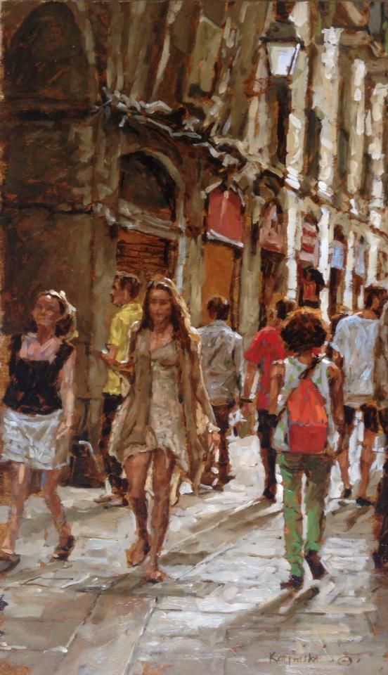 a painting of people walking down the street