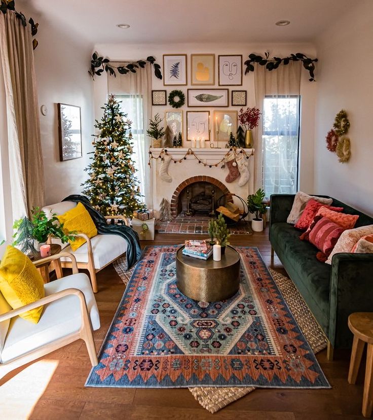 a living room filled with furniture and a fire place covered in christmas tree decorations on top of a rug