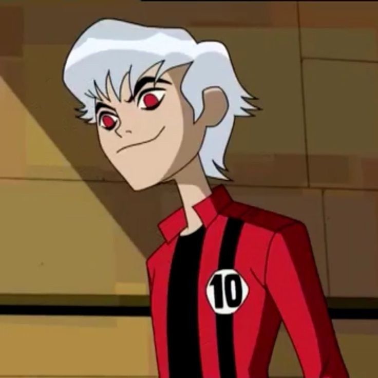 an animated image of a man with white hair and red eyes wearing a black and red uniform