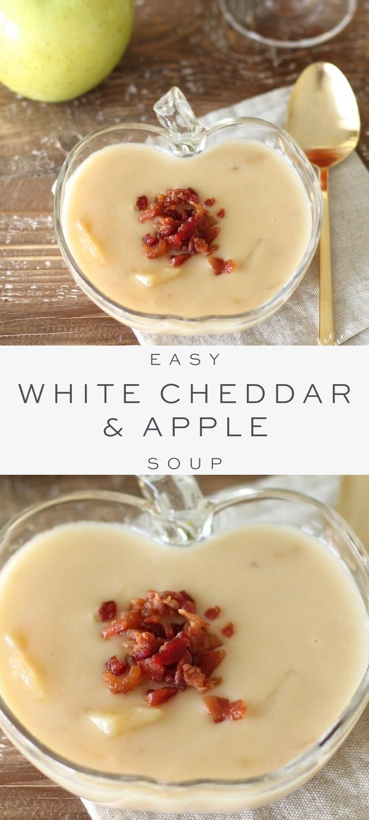 two bowls filled with white cheddar and apple soup on top of a wooden table