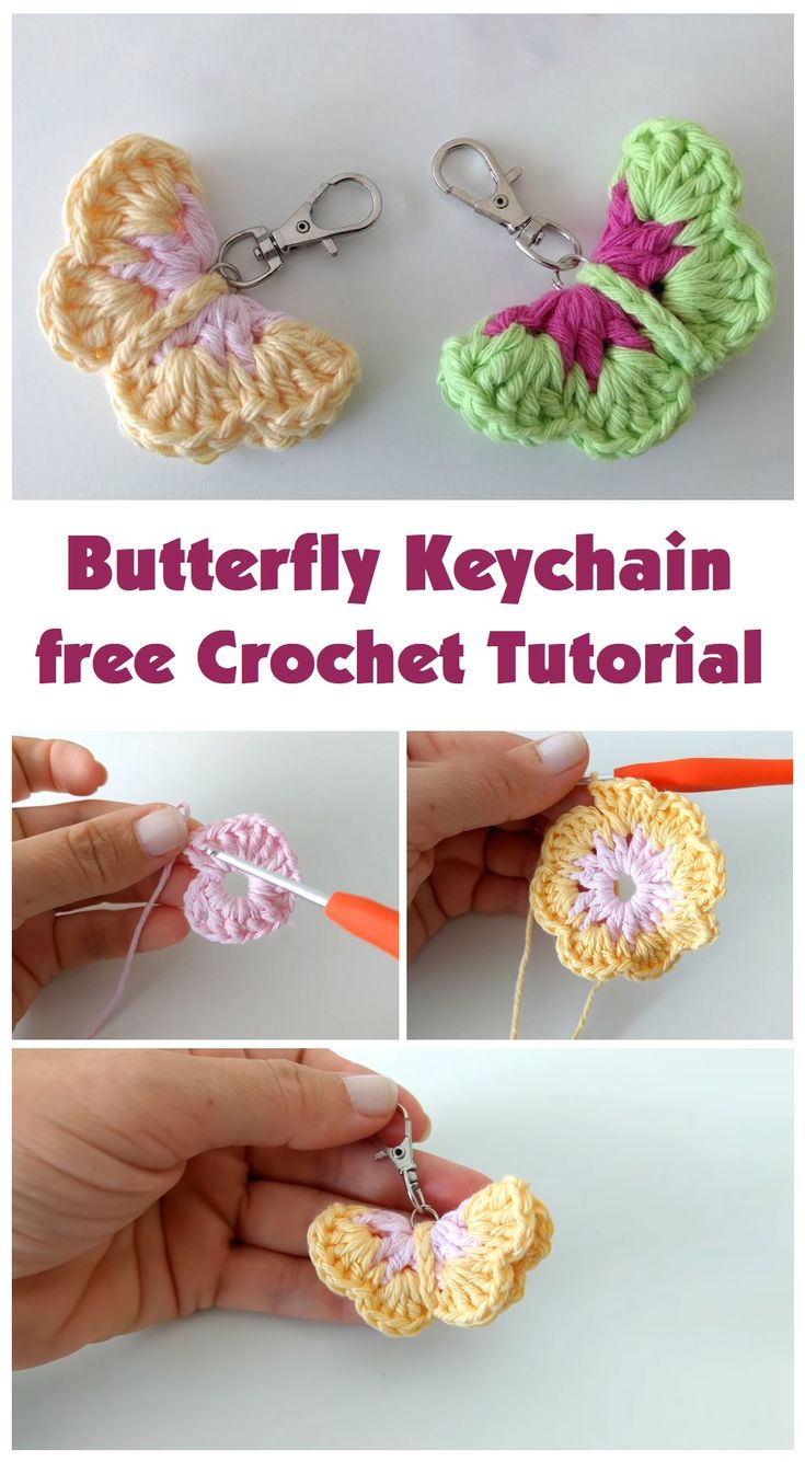 crochet butterfly keychain is shown with instructions to make it look like an ornament