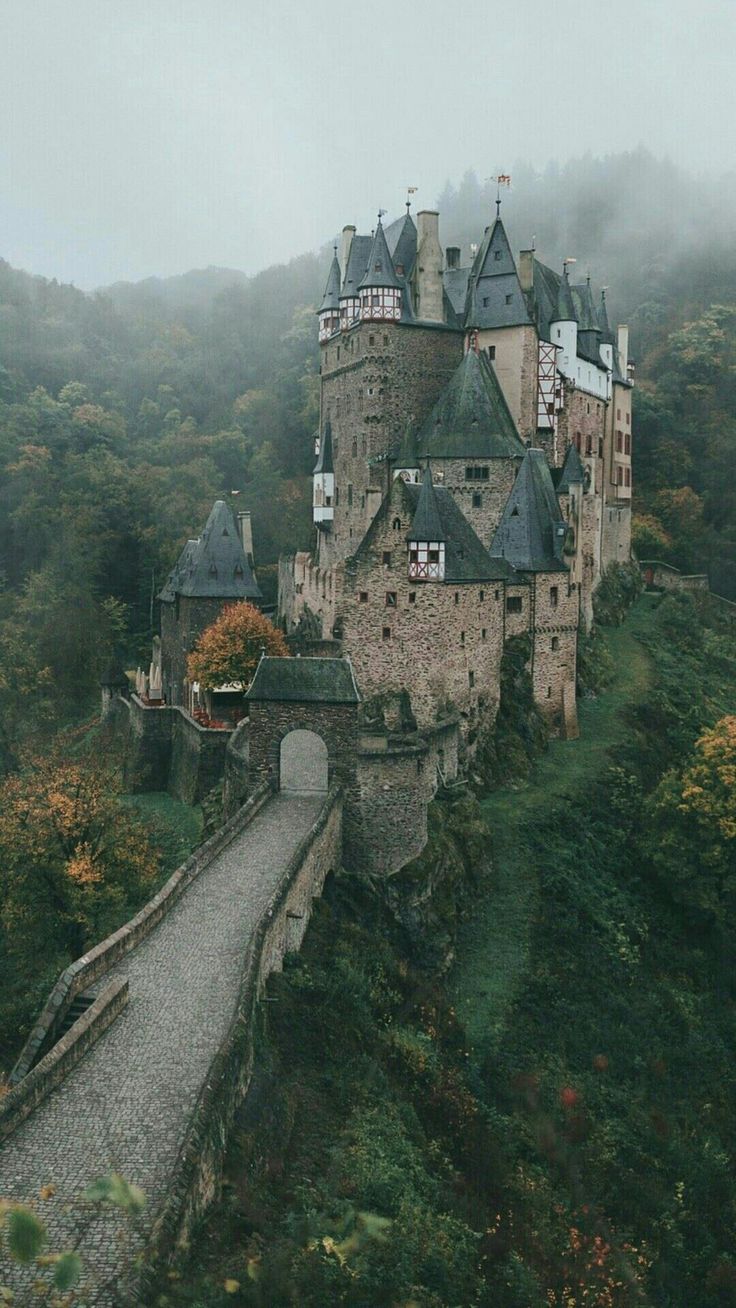 an old castle on top of a hill in the middle of trees and foggy sky