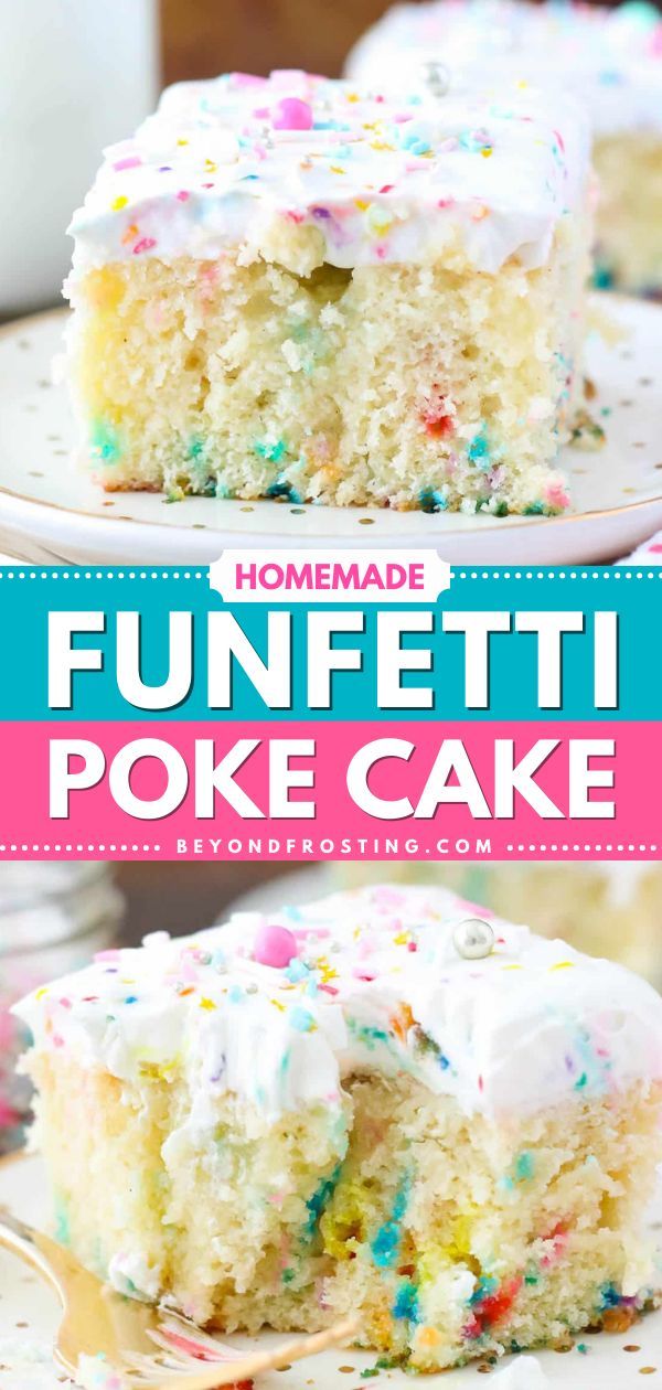 A simple dessert for birthdays! Not only is this Homemade Funfetti Poke Cake moist and loaded with colorful sprinkles, but it is also soaked in vanilla pudding and topped with cake batter whipped cream. Pin this delicious cake recipe for later! Funfetti Poke Cake, Moist Funfetti Cake, Funfetti Cake Mix Recipes, Easy Birthday Cake, Cake Batter Recipes, Creamy Cake, Easy Puddings, Moist Vanilla Cake, Funfetti Cake Mix