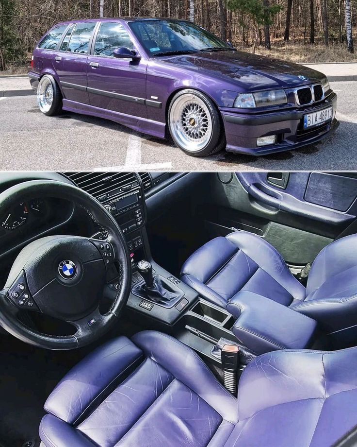 the inside and outside view of a purple bmw with chrome rims on it's interior