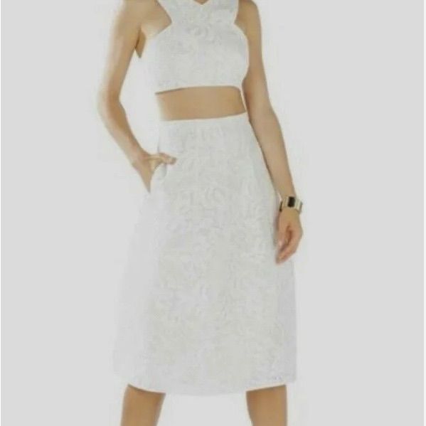 Nwt Bcbg Maxazaria Dress 2 Pieces Top Skirt Set Mesh Ellyson Off White, Size Small White Fitted Skirt For Cocktail, White Midi Length Formal Skirt, White Formal Midi Skirt, Elegant Brunch Dress With Lined Skirt, White Sleeveless Lined Dress, White Fitted Cocktail Skirt, White Formal Midi Length Skirt, Elegant Sleeveless Two-piece Dress For Spring, White Lined Skirt For Cocktail