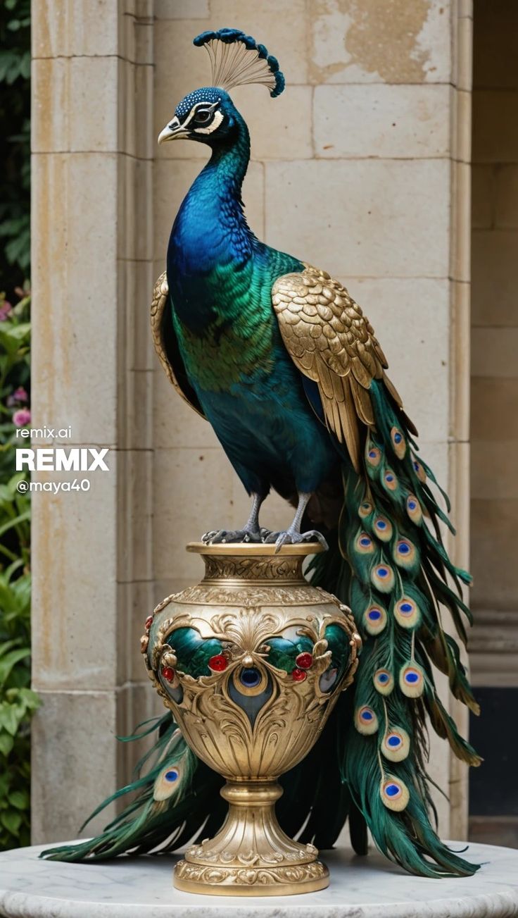 a peacock standing on top of a vase