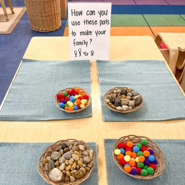 three bowls filled with different colored rocks on top of a blue table cloth next to a sign that says how can you use these pots to make your family?