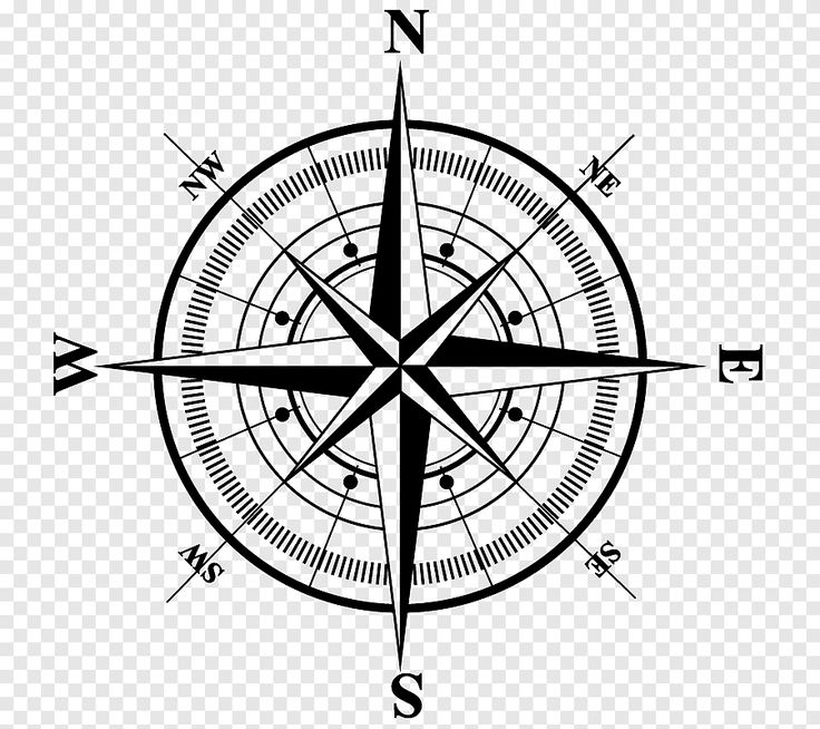 a black and white compass on a transparent background, with the letter s in it