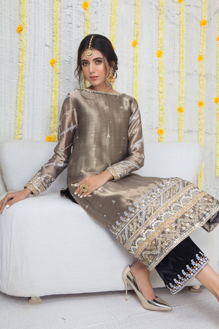 Nova | Pakistani Designer Outfit | Sarosh Salman Festive Palazzo Set With Straight Kurta And Mirror Work, Festive Palazzo Set With Mirror Work, Traditional Gold Palazzo Set For Party, Party Wear Chinon Kurta For Diwali, Chinon Kurta For Diwali Party Wear, Designer Wear Festive Party Palazzo Set, Designer Party Wear Palazzo Set For Festive Season, Traditional Semi-stitched Embellished Palazzo Set, Designer Festive Party Wear Palazzo Set