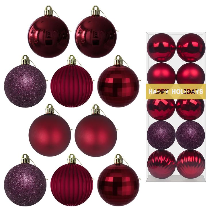 twelve shiny red christmas bauble ornaments with gold trim