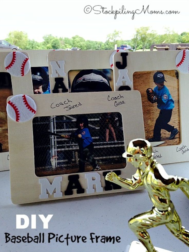 a baseball picture frame with some pictures on it and a statue of a baseball player