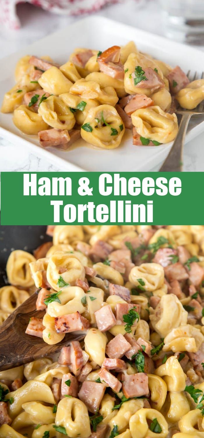 ham and cheese tortellini on a plate with a wooden spoon