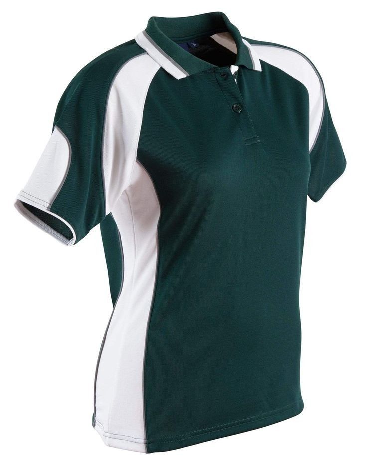 a women's green and white polo shirt with two contrastings on the collar