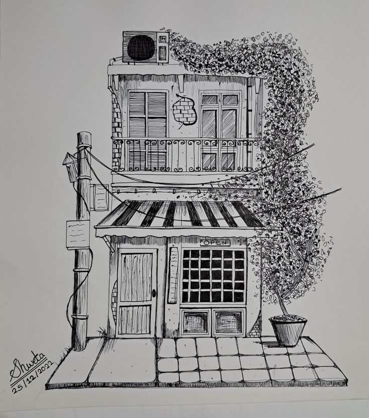 a black and white drawing of a house