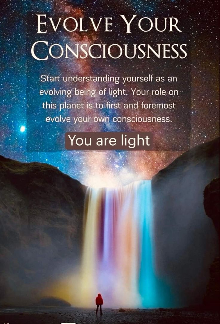 a person standing in front of a waterfall with the words, evlive your consciousness